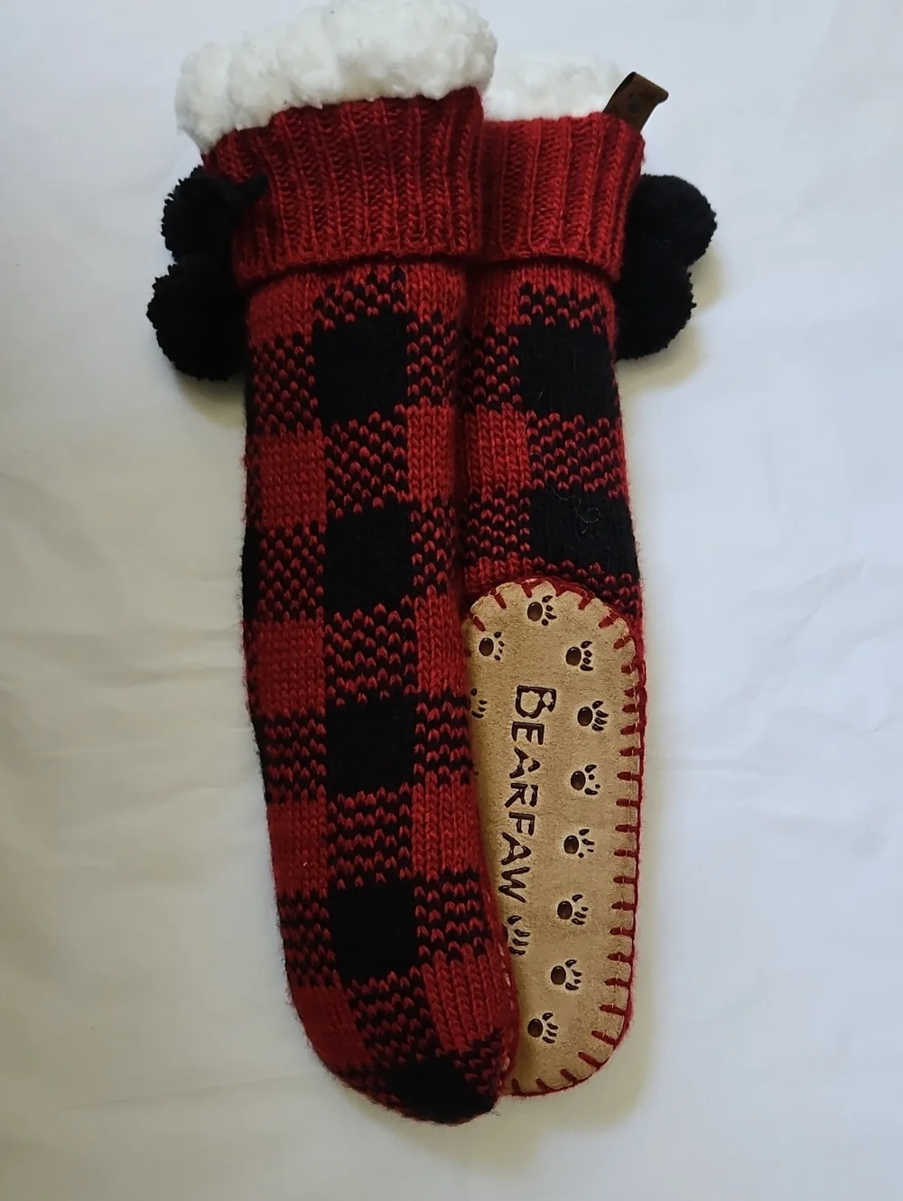 BearPaw Red & Black Buffalo Plaid Sherpa-Lined Slipper Socks NWOT